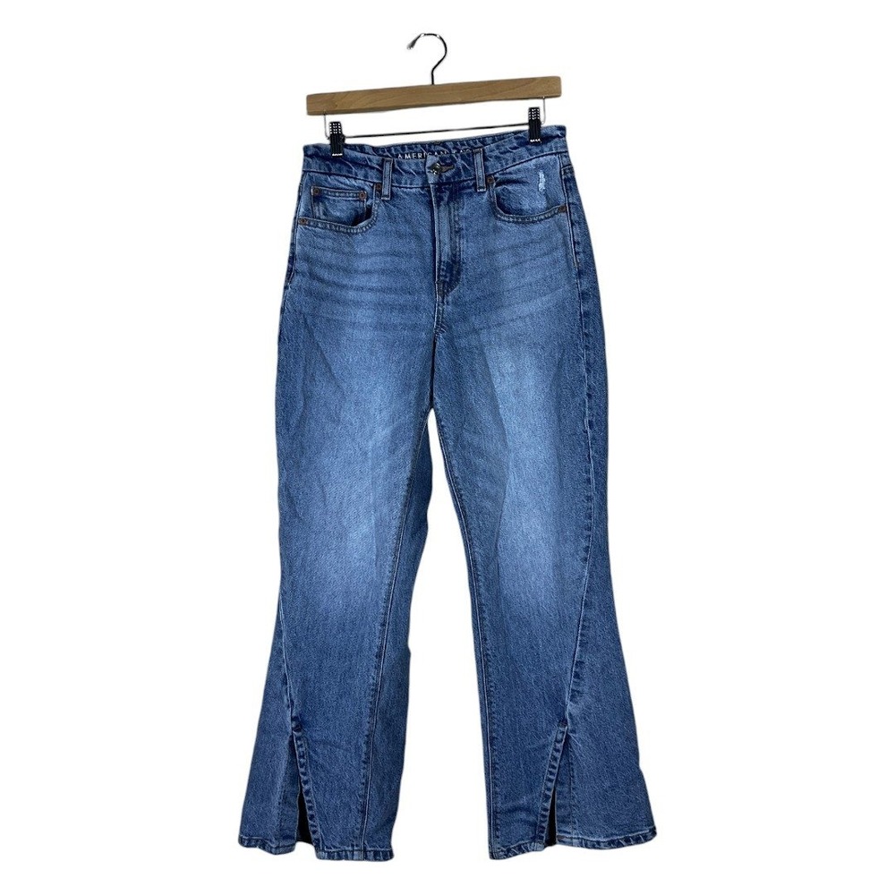 American Eagle Curvy 90s Bootcut Solid Denim Jeans Blue Split Hem Size 6 Short